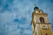 Looking up the Bell Tower of St-Nicholas Church in Ljubljana, Slovenia