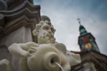 Beautiful Fountain of Robba with glimpse of a Church in Ljubljana, Slovenia